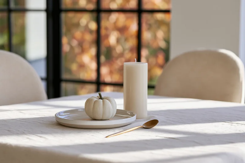Minimalist dining table with white pumpkin, candle and gold spoon on ceramic plate near window with autumn foliage view