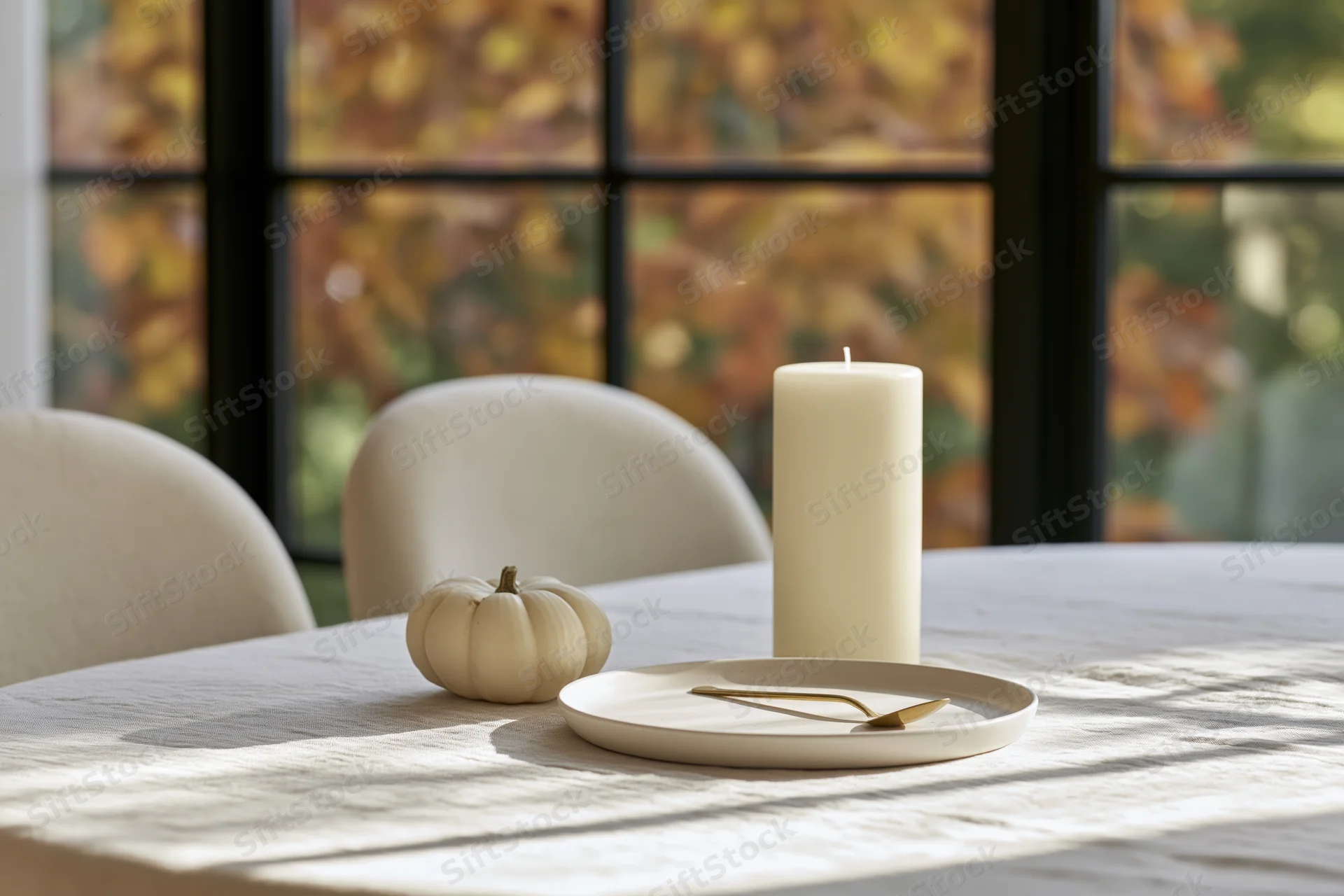 Minimalist dining table with white ceramic plate, small pumpkin, candle, and cutlery set against autumn foliage visible through window
