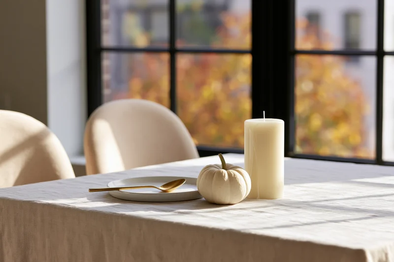 Minimalist dining table with white pumpkin, candle and plate set near window with autumn foliage view