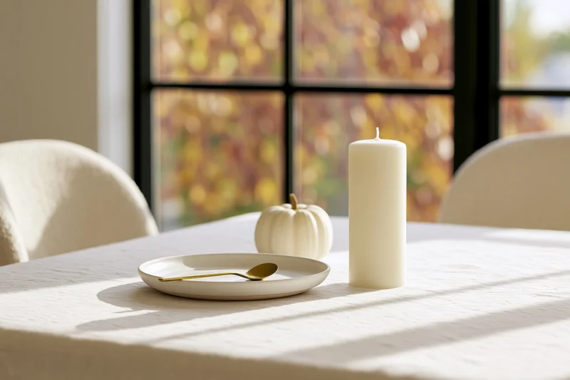 Minimalist dining table with white plate, candle and pumpkin centerpiece by a window with autumn foliage view