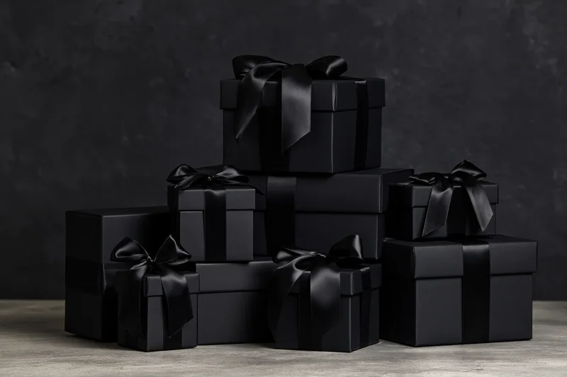 Black gift boxes stacked in arrangement on concrete surface