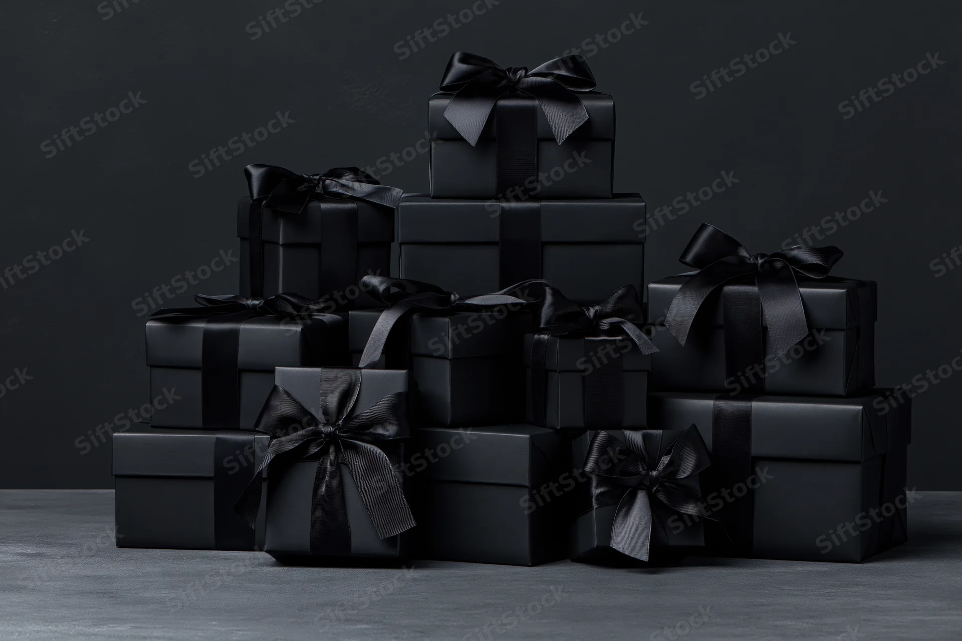 Stacked black gift boxes with ribbons arranged on a dark surface
