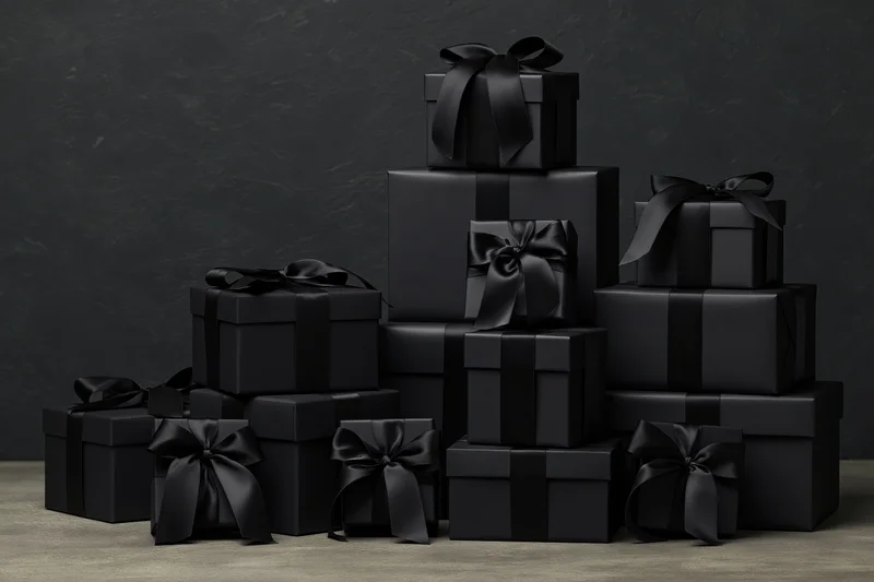 Black gift boxes stacked in arrangement on textured surface