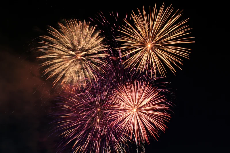 Multiple fireworks bursting simultaneously across a dark night sky