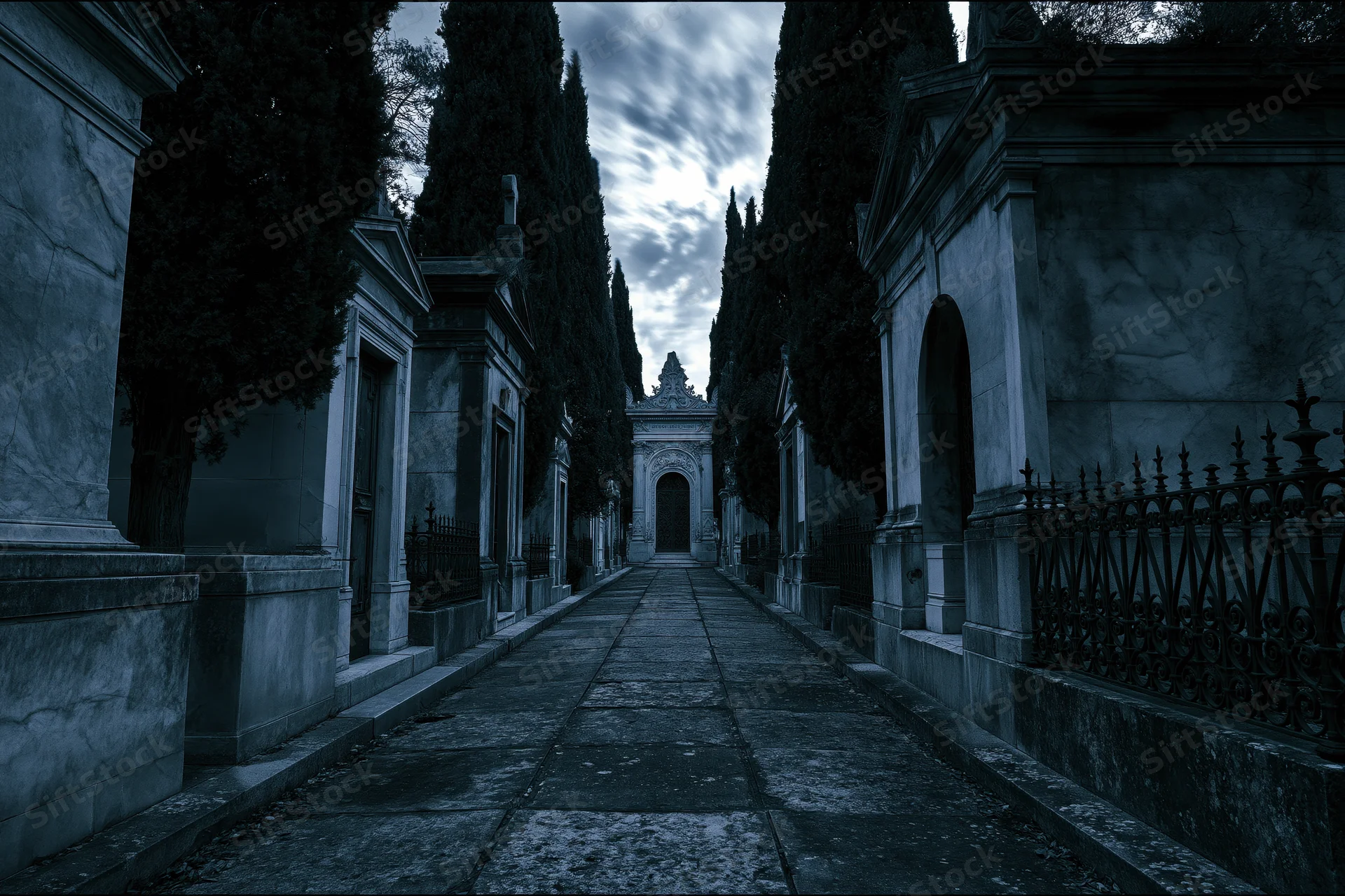 Narrow stone path lined with old marble mausoleums and cypress trees in a cemetery at dusk