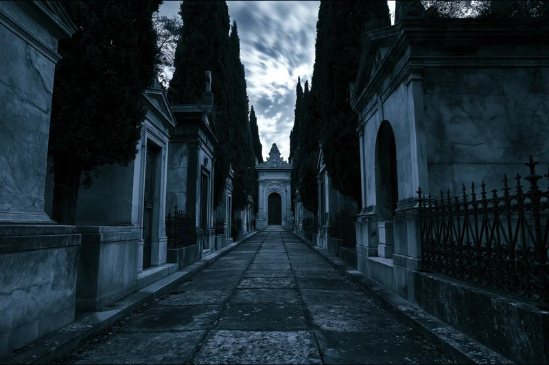 Narrow stone path lined with old marble mausoleums and cypress trees in a cemetery at dusk