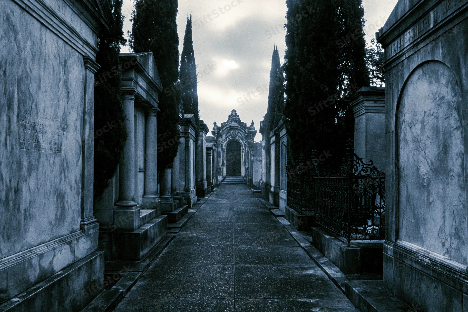 Narrow stone path through cemetery flanked by old marble mausoleums under overcast sky