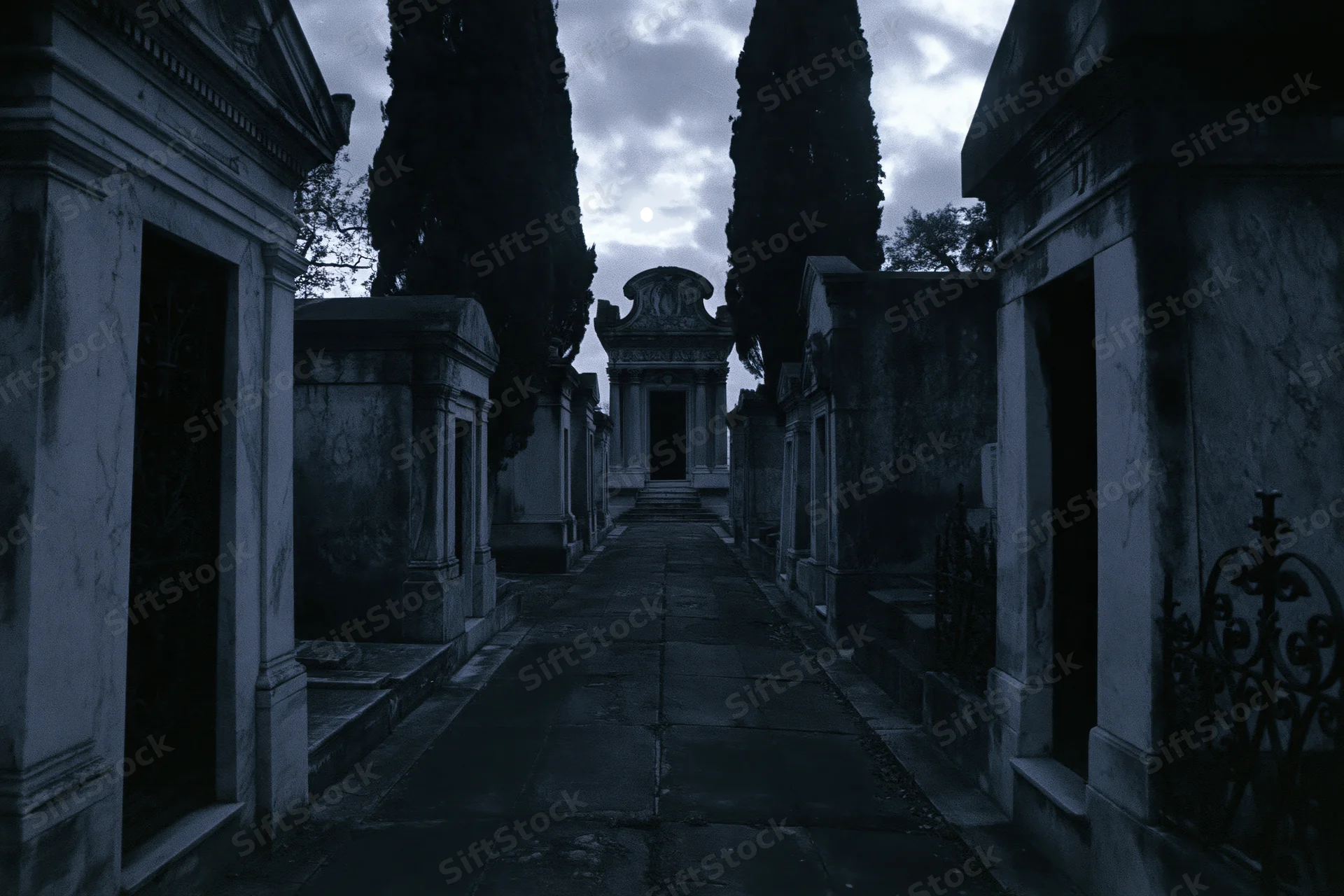 Narrow stone path between old marble mausoleums in a cemetery under an overcast sky