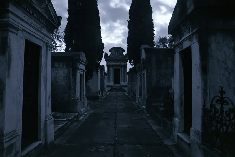 Narrow stone path between old marble mausoleums in a cemetery under an overcast sky