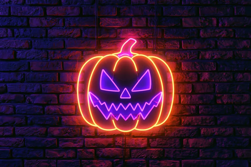 Neon jack-o-lantern sign glowing on dark brick wall