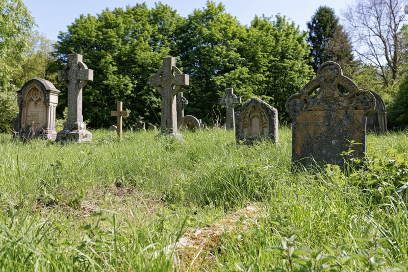 Weathered stone crosses and tombstones in a grassy british cemetery surrounded by trees