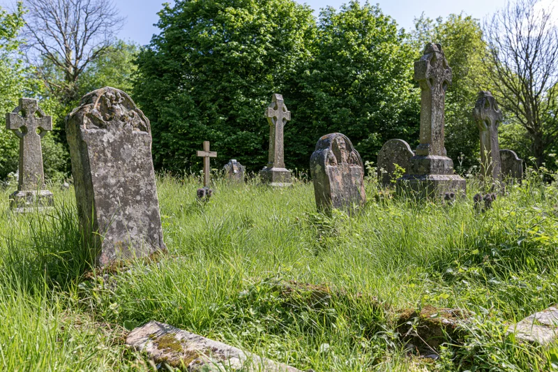 Weathered stone crosses and gravestones in a grassy rural cemetery surrounded by trees