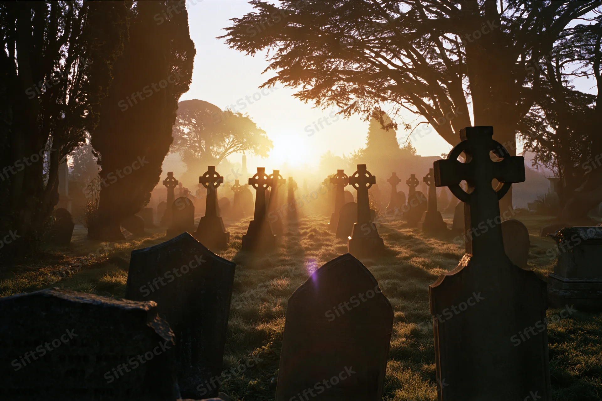 Rows of stone grave markers in an old english cemetery at dawn with mist and trees silhouetted against the rising sun