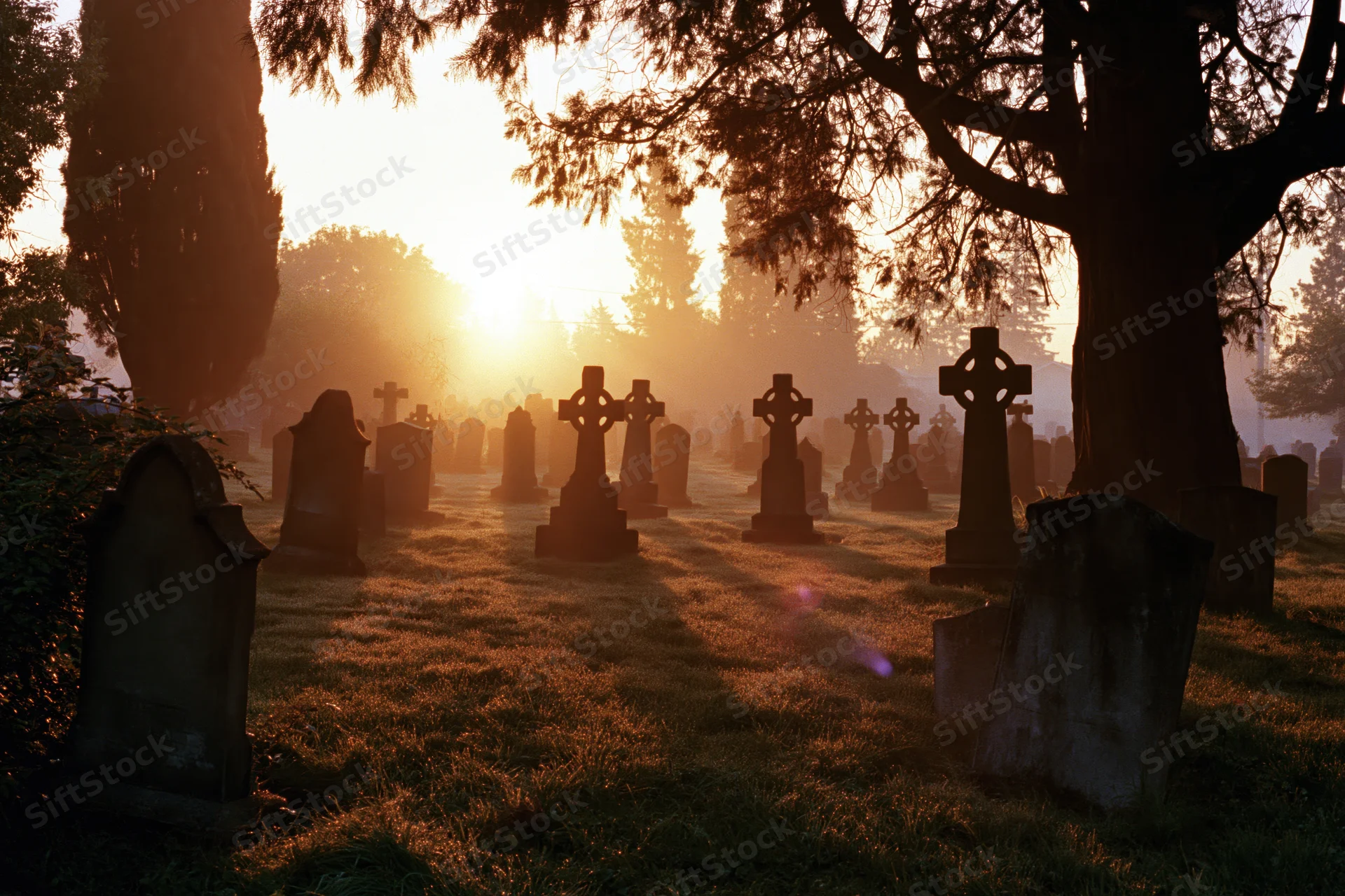 Rows of stone gravestones in a misty cemetery at dawn with trees and soft sunlight