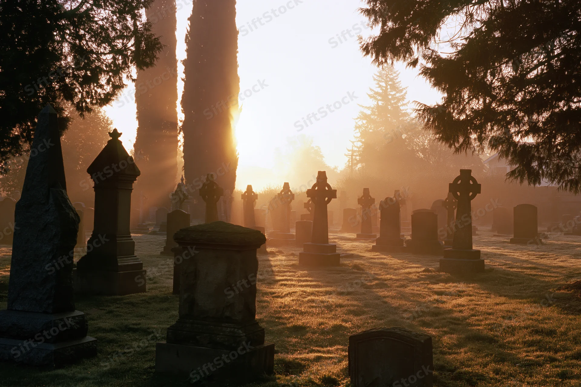 Rows of stone tombstones in a misty old english cemetery at dawn