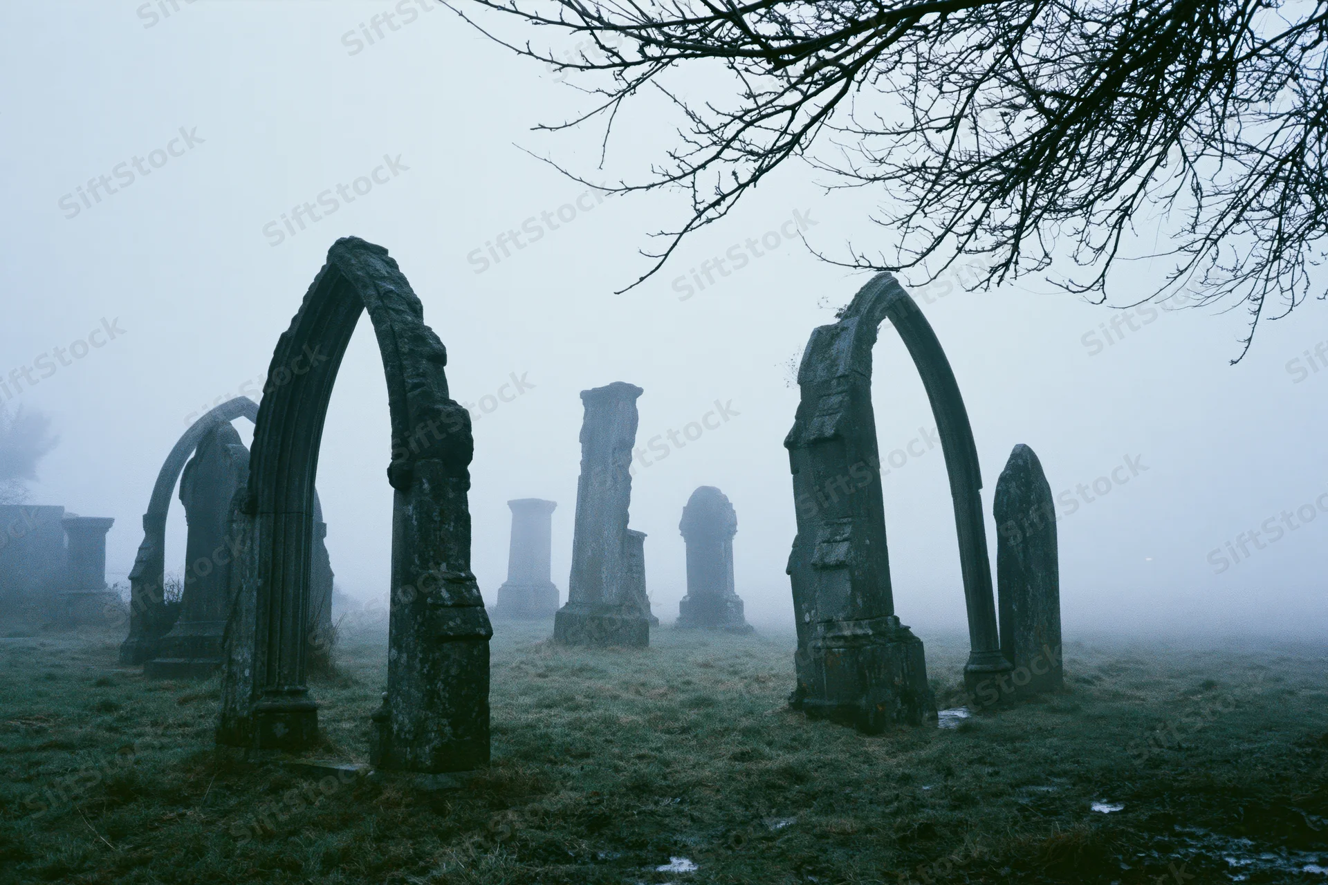 Weathered stone arches and tombstones in a foggy old english cemetery on a misty morning