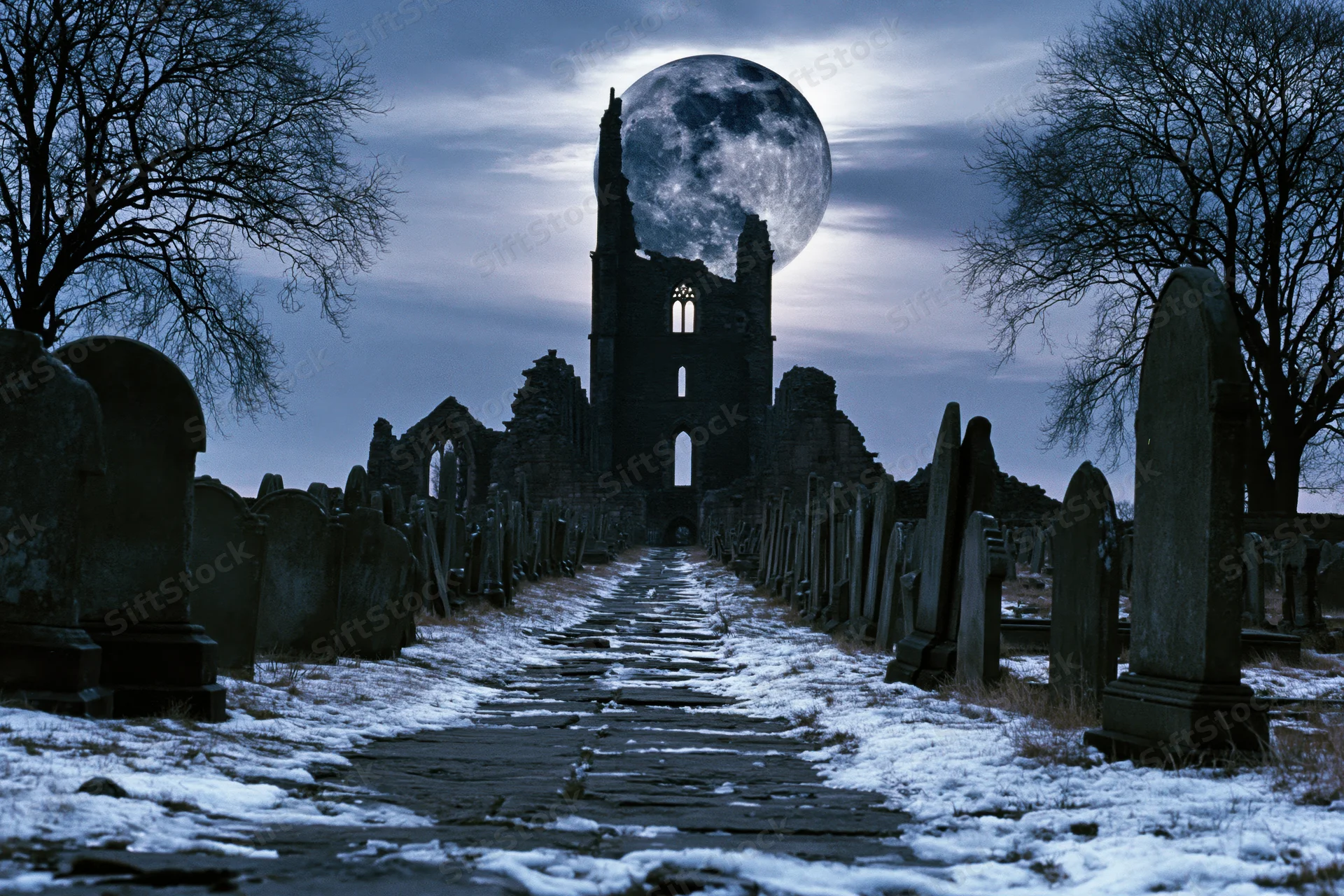 Snow-covered path lined with aged headstones leading to ruined gothic church under full moon at night