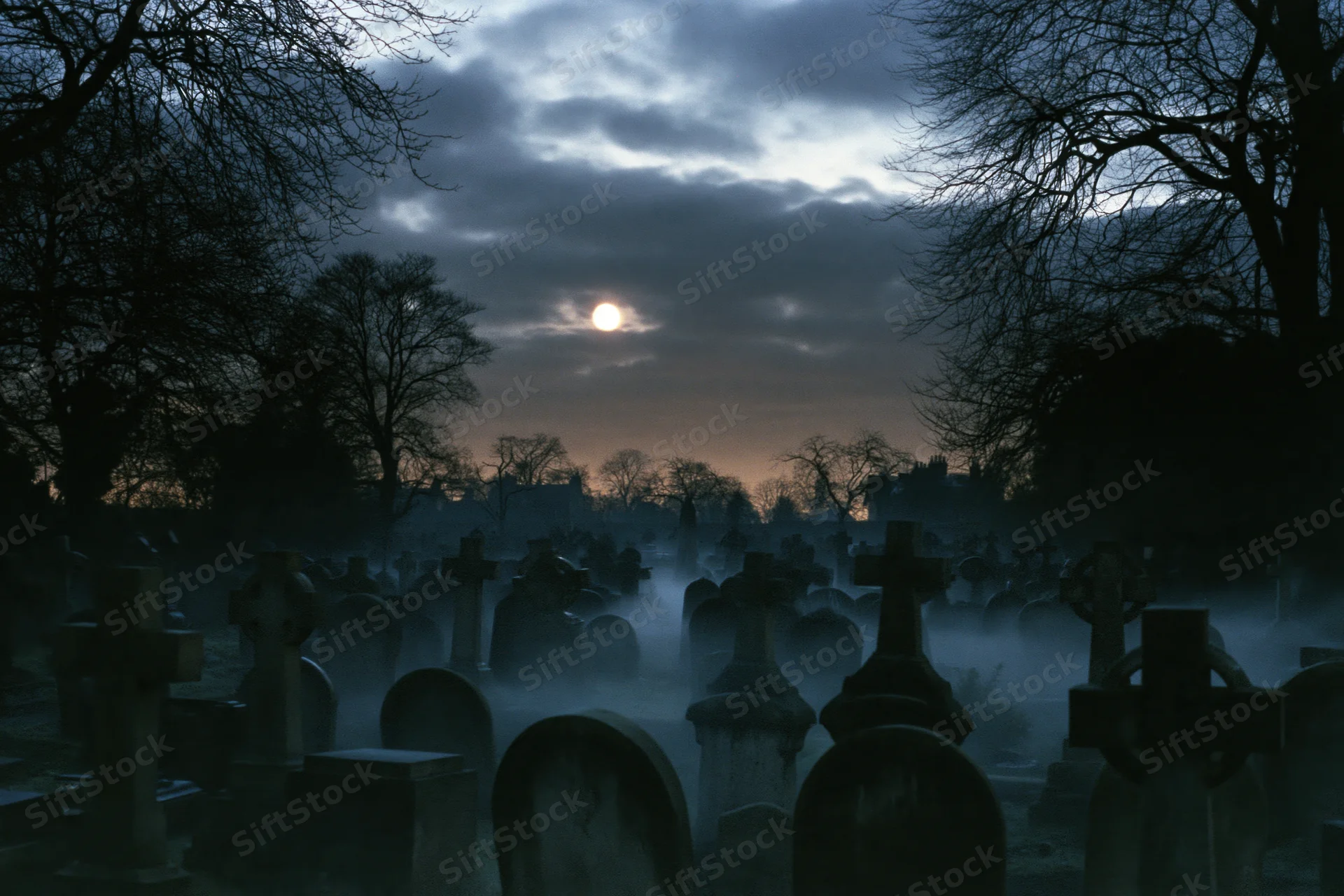 Rows of weathered gravestones in a foggy cemetery at night under a full moon