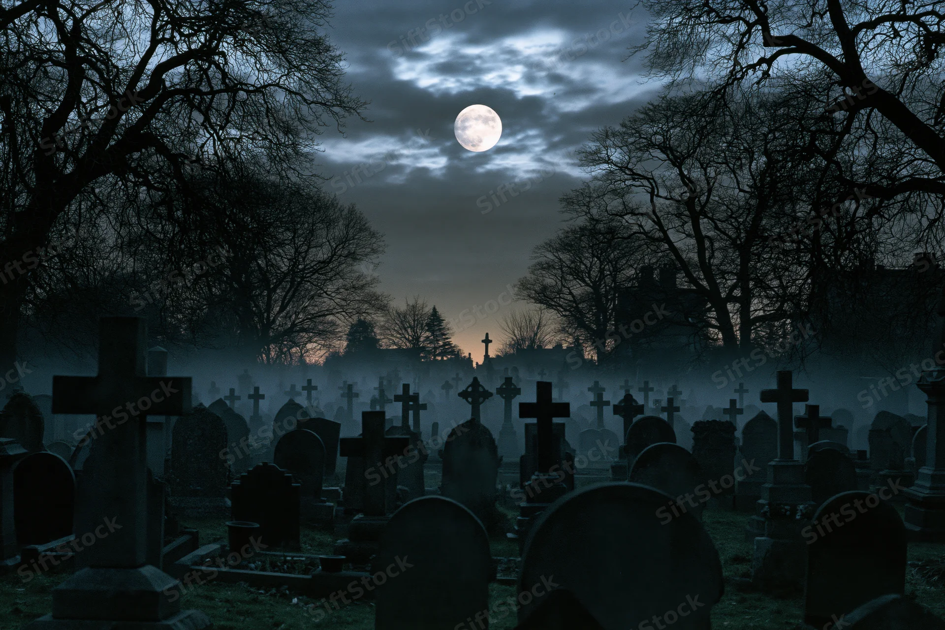 Rows of weathered gravestones in a foggy cemetery under a full moon at night