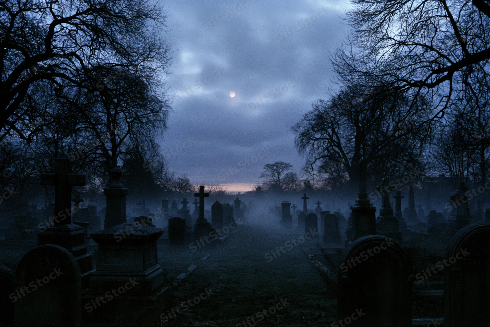 Rows of weathered gravestones in a foggy cemetery at night under a moonlit sky