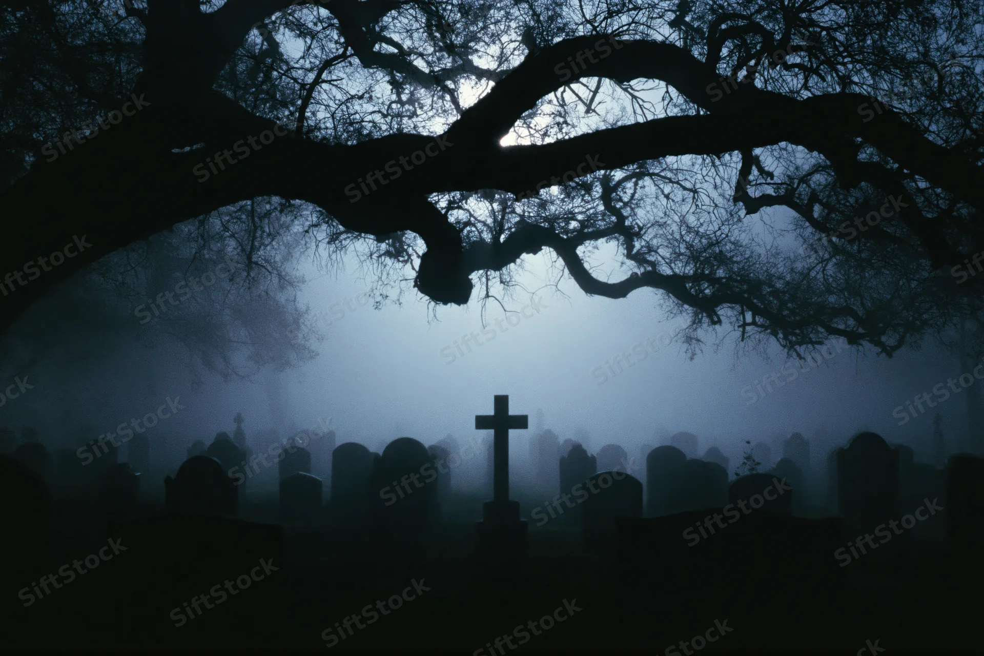 Silhouetted headstones and a cross in a foggy old cemetery at night under bare tree branches