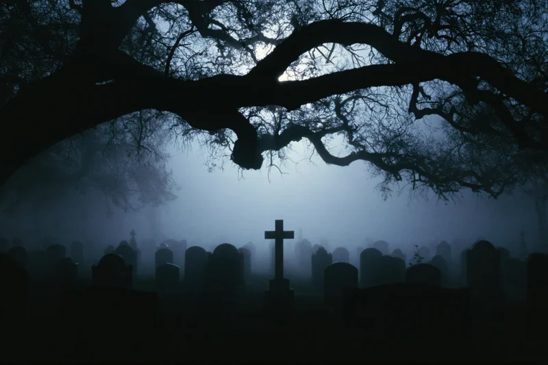 Silhouetted headstones and a cross in a foggy old cemetery at night under bare tree branches