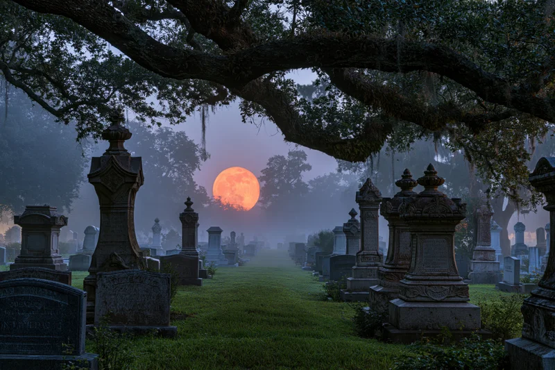 Rows of weathered gravestones in a foggy cemetery at night under a full orange moon framed by tree branches