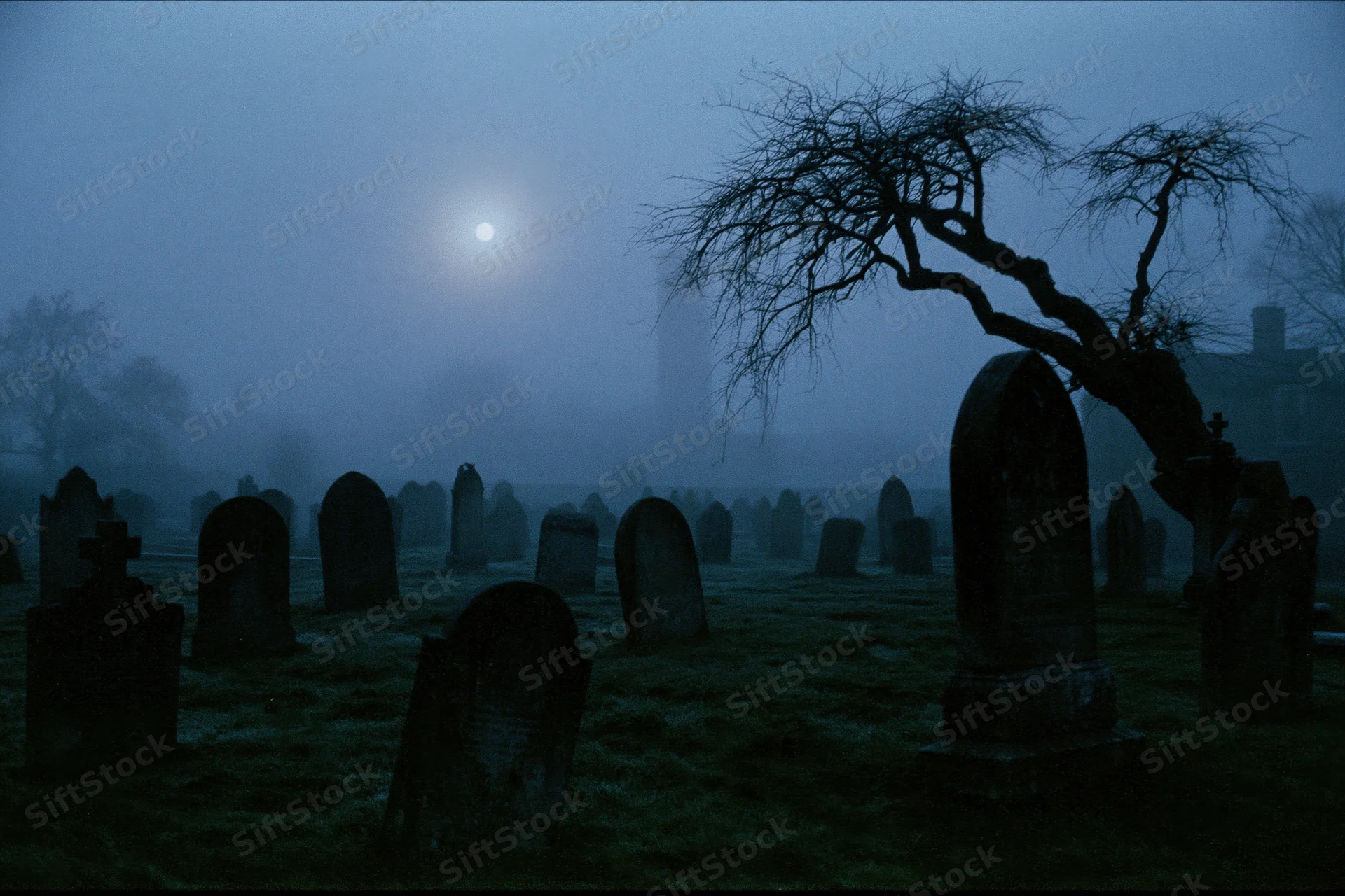 Old cemetery at night with rows of weathered gravestones under moonlight and fog