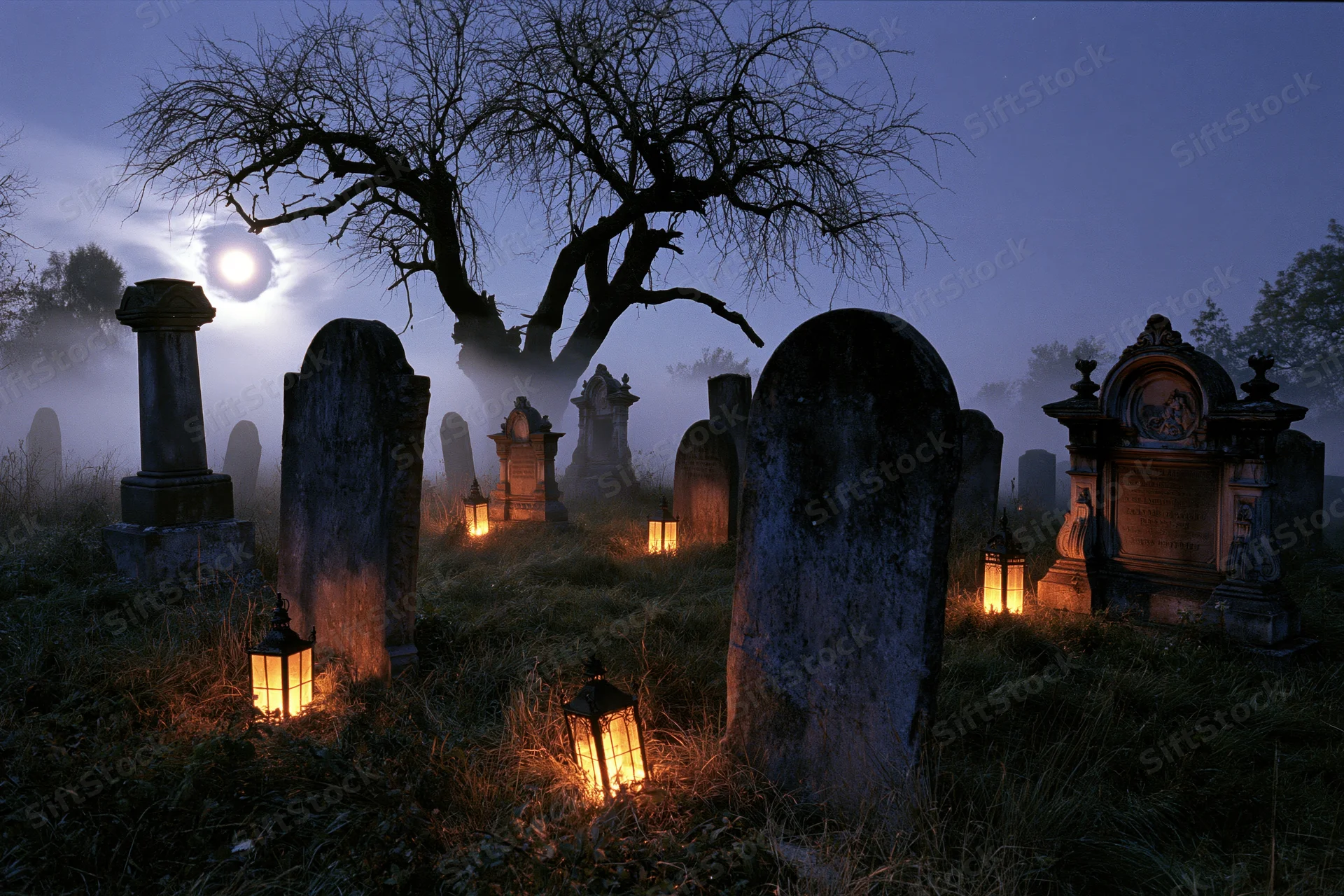 Old cemetery at night with weathered stone gravestones and glowing lanterns under a full moon, surrounded by fog and bare trees