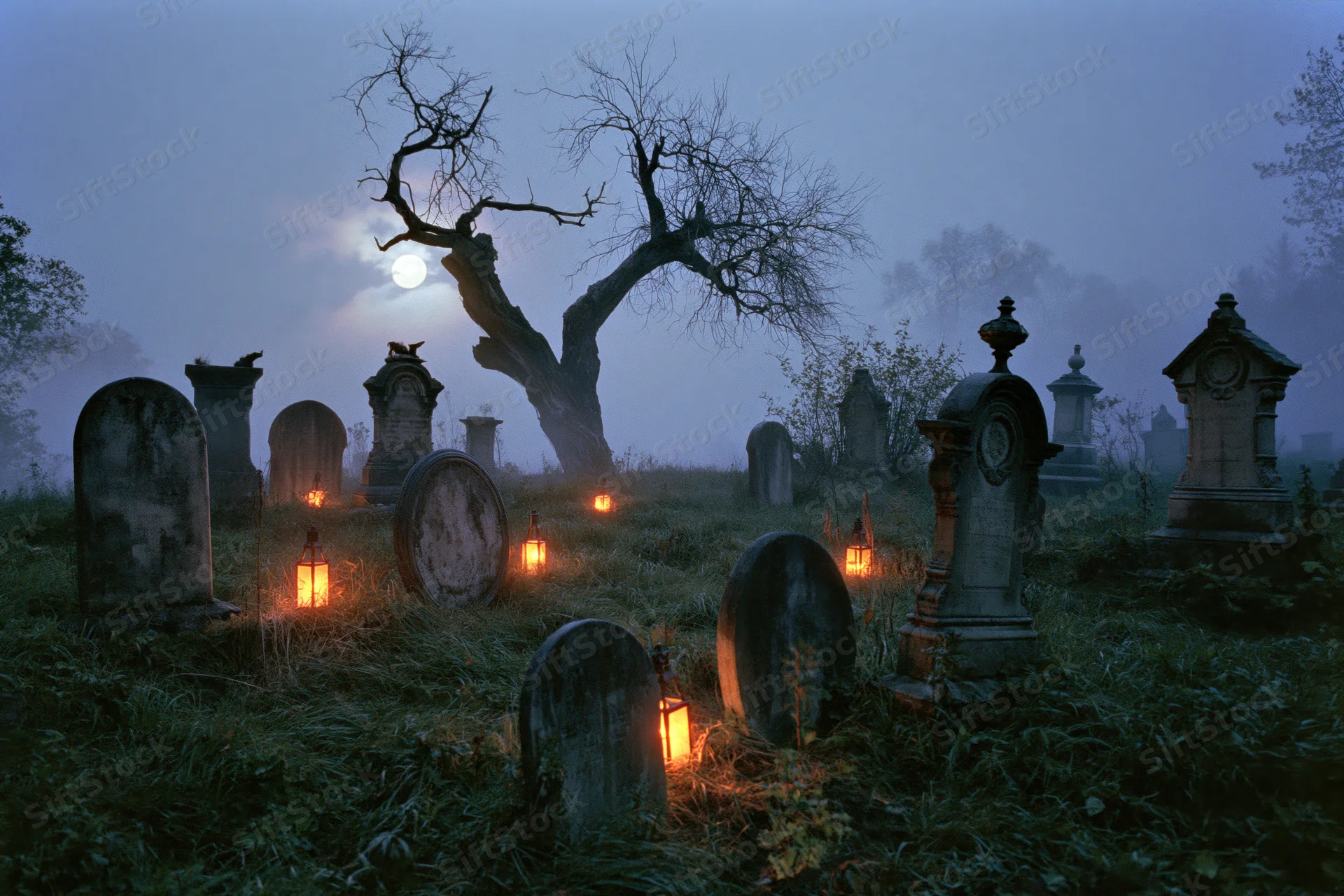 Old cemetery at night with weathered stone gravestones and glowing lanterns among overgrown grass under a full moon and fog