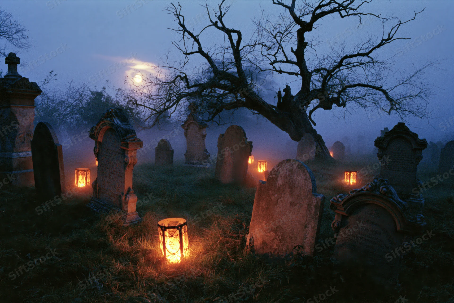 Old cemetery at night with weathered stone gravestones and glowing lanterns under a full moon and fog