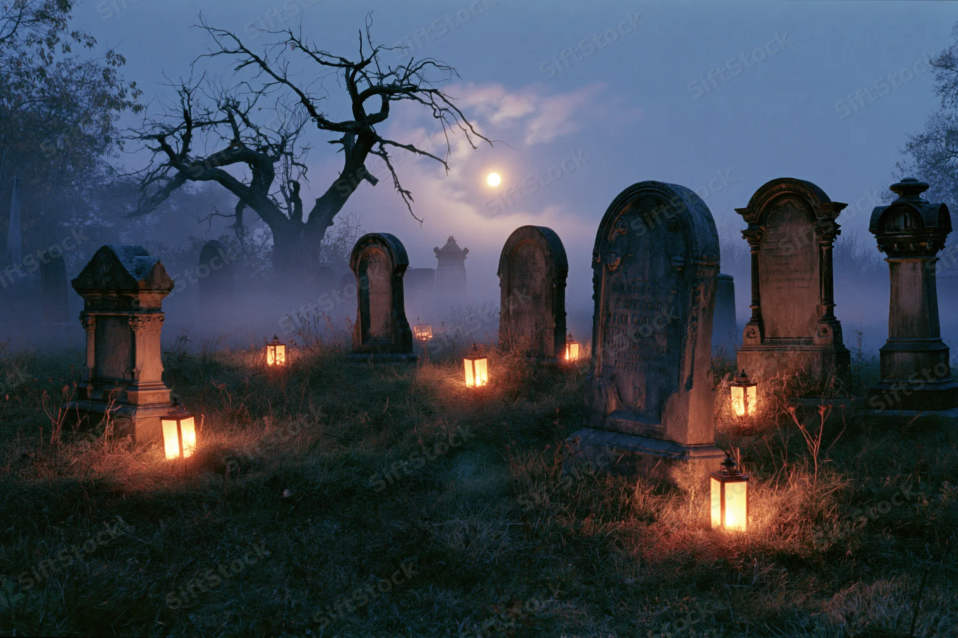 Old cemetery at night with weathered stone gravestones and glowing lanterns in fog under moonlight