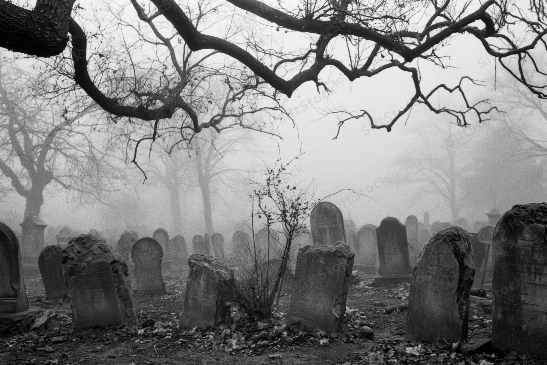 Foggy old cemetery with weathered stone tombstones and bare trees