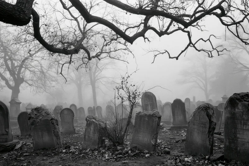 Foggy old cemetery with weathered stone tombstones and bare trees
