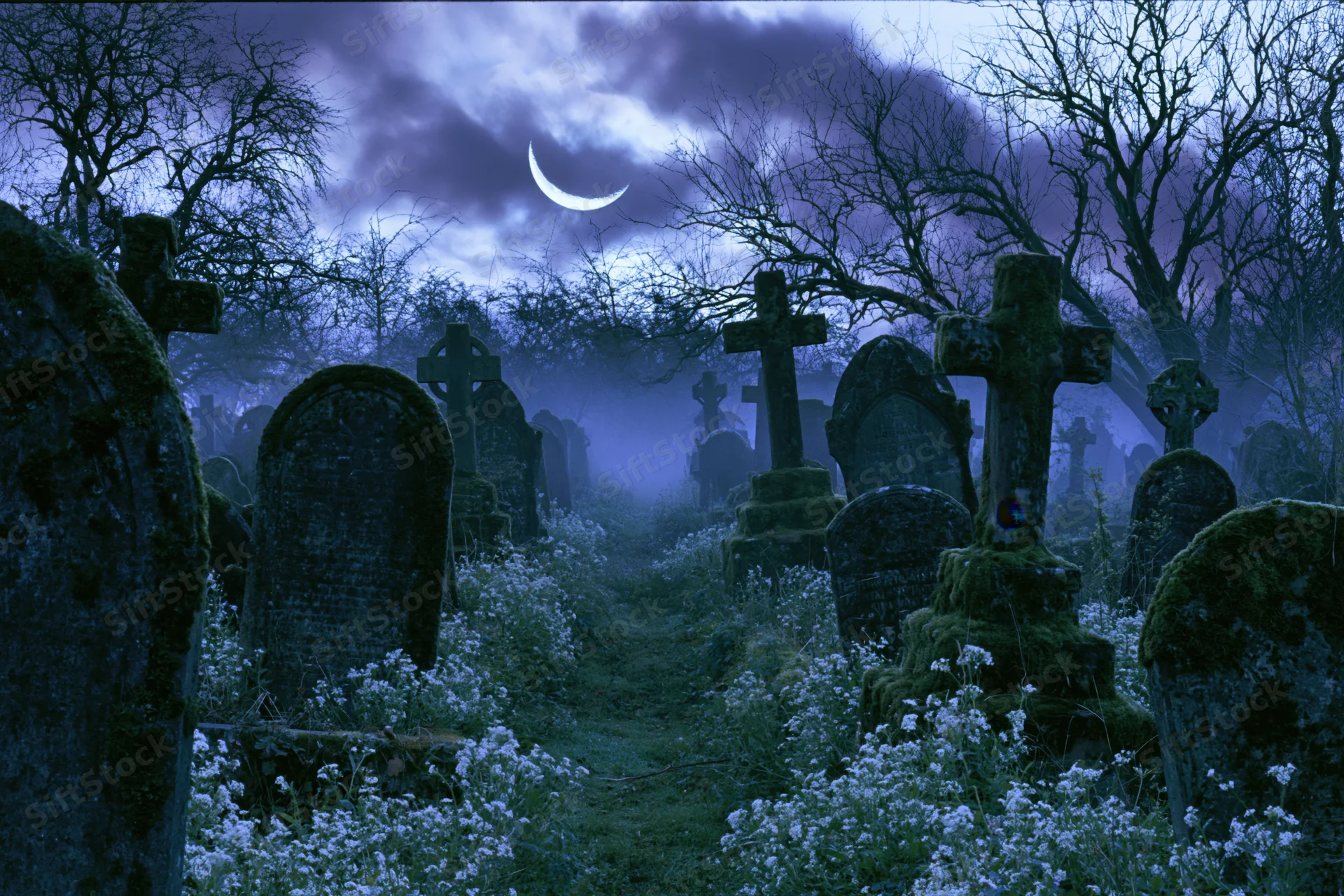 Old graveyard at night with moss-covered headstones and stone crosses under a crescent moon