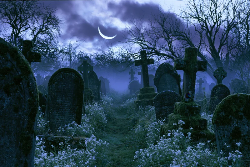 Old graveyard at night with moss-covered headstones and stone crosses under a crescent moon