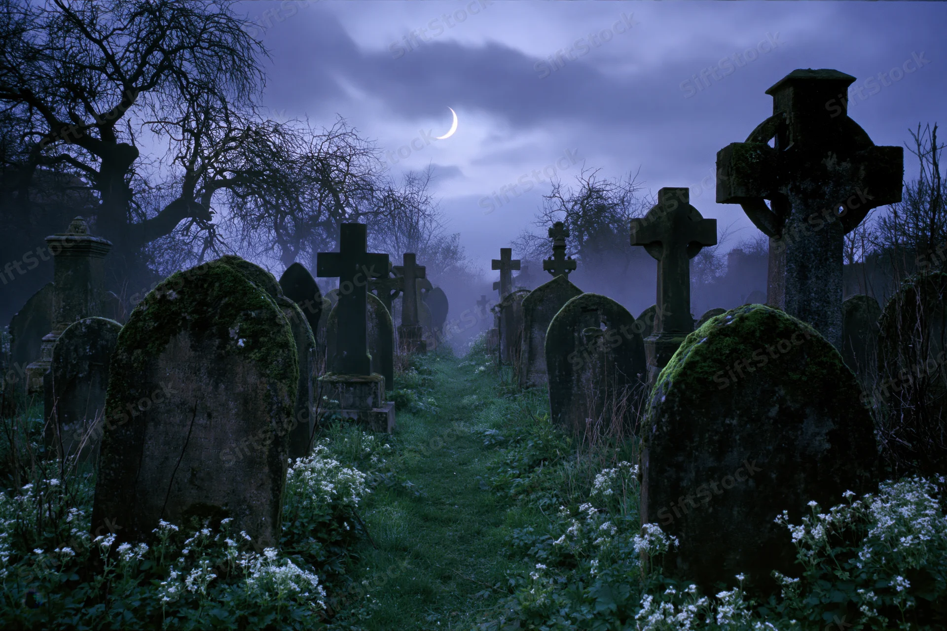 Moss-covered headstones and stone crosses in a foggy graveyard at night under a crescent moon