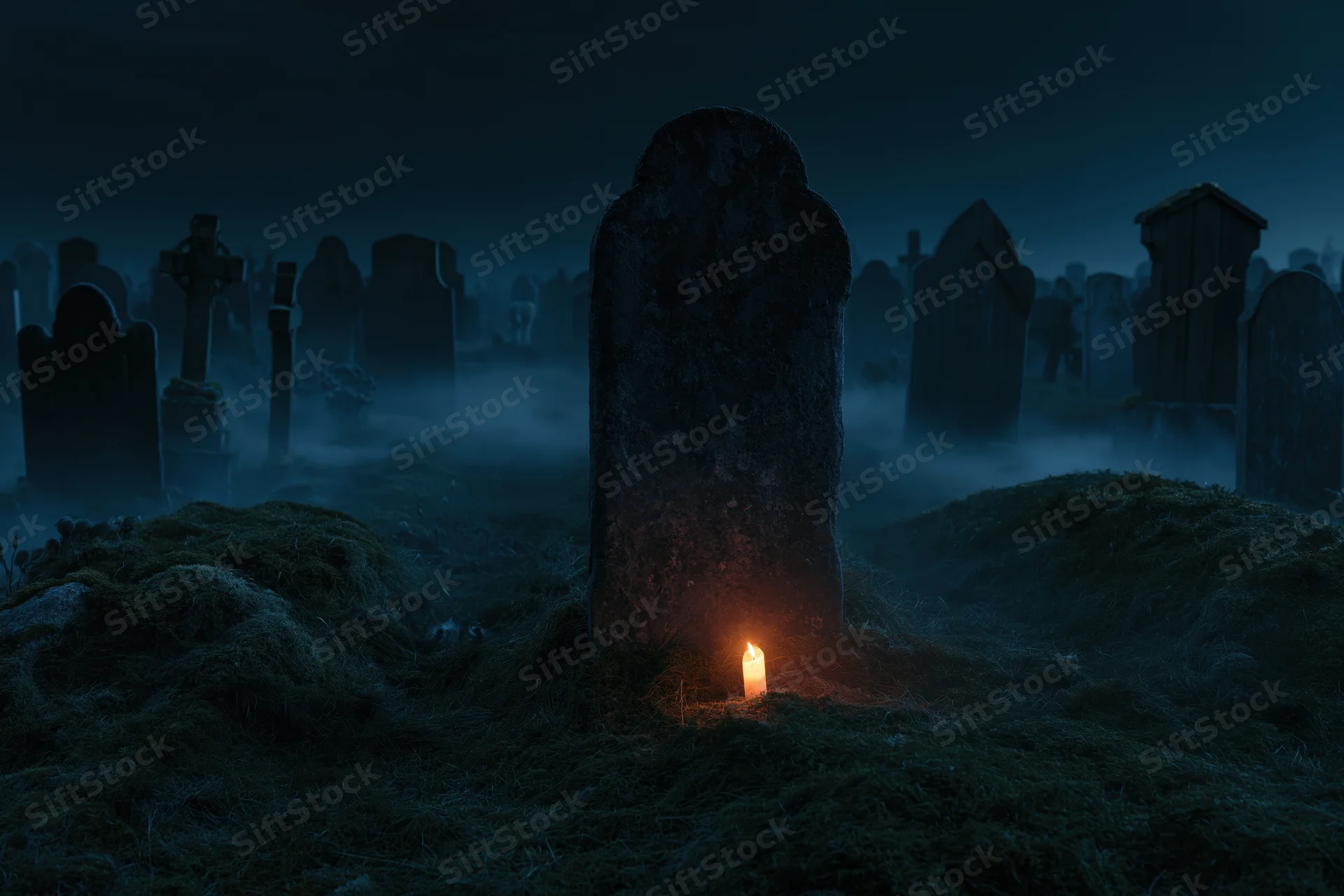 Old graveyard at night with a lit candle at the base of a weathered tombstone surrounded by fog