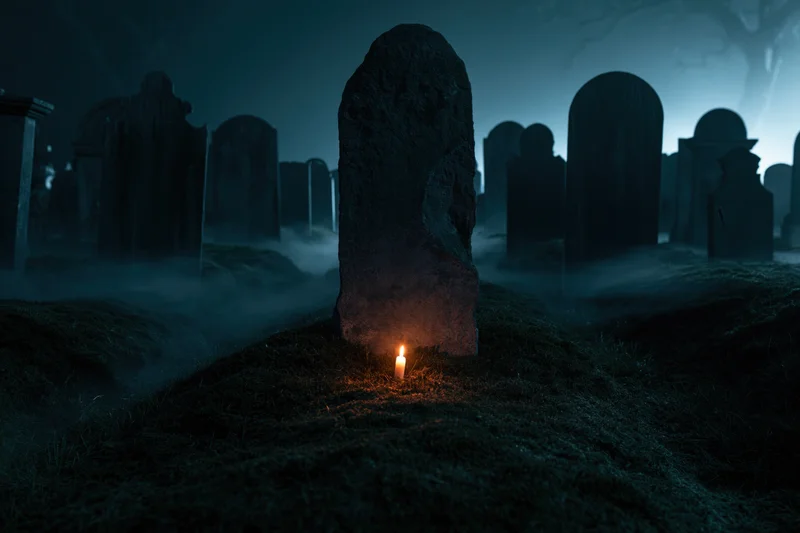 A lit candle at the base of a weathered tombstone in a foggy old graveyard at night
