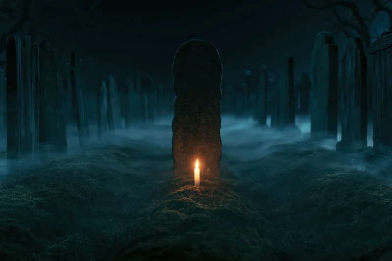 A lit candle at the base of a weathered tombstone in a foggy old graveyard at night