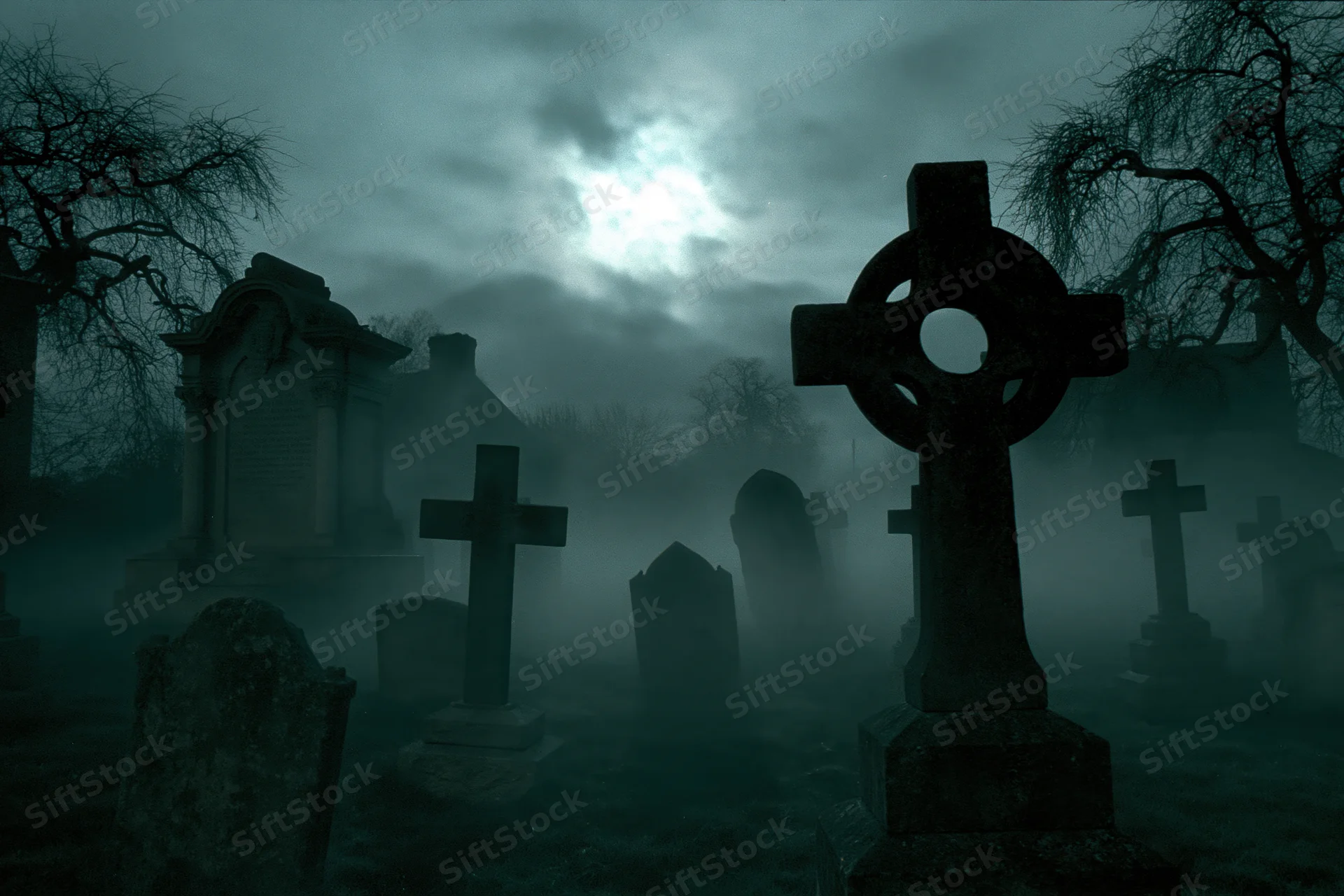 Foggy graveyard at night with weathered stone crosses and tombstones under a cloudy moonlit sky