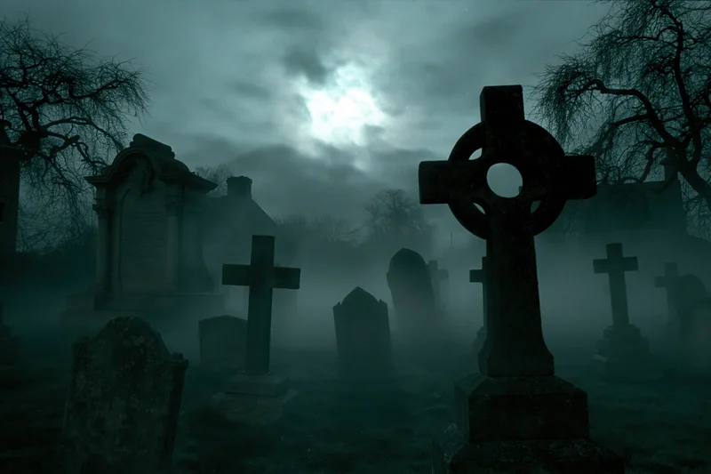 Foggy graveyard at night with weathered stone crosses and tombstones under a cloudy moonlit sky