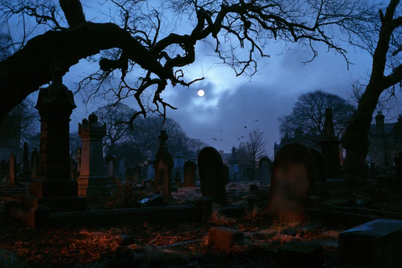 Old graveyard at night with weathered stone tombstones and bare trees under a full moon