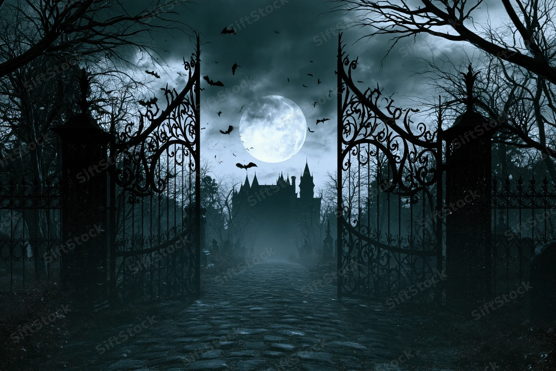 Open iron cemetery gate at night with full moon over cobblestone path leading to haunted castle silhouette