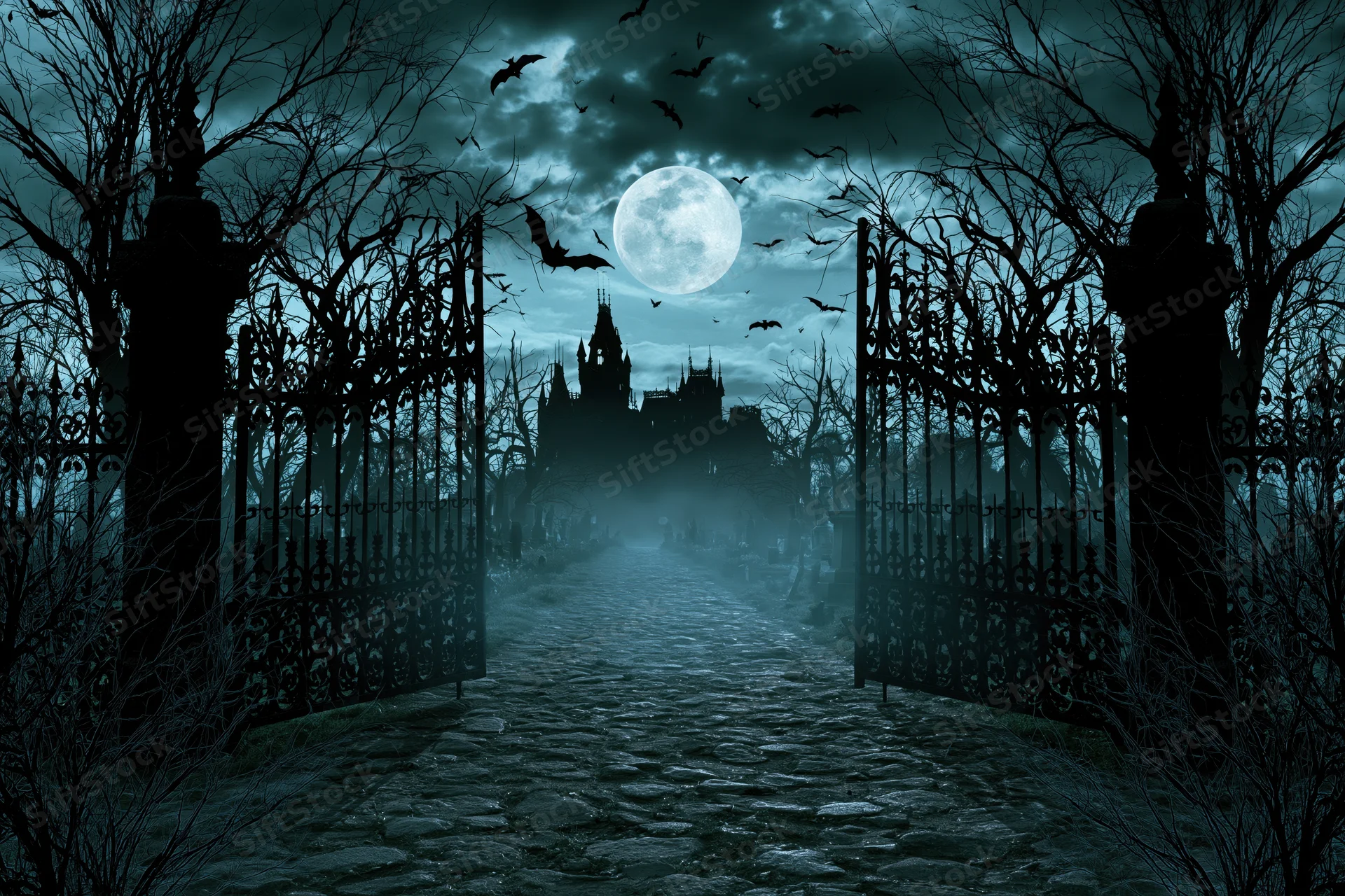 Open iron gate at night leading to a gothic castle through fog and bare trees under a full moon