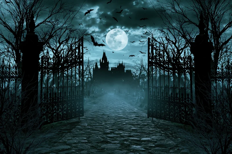 Open iron gate at night leading to a gothic castle through fog and bare trees under a full moon