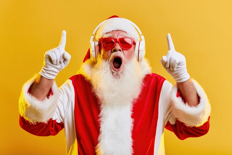Santa claus in red suit and white fur trim wearing red sunglasses and white headphones, pointing upward with both hands while singing with mouth open against yellow background