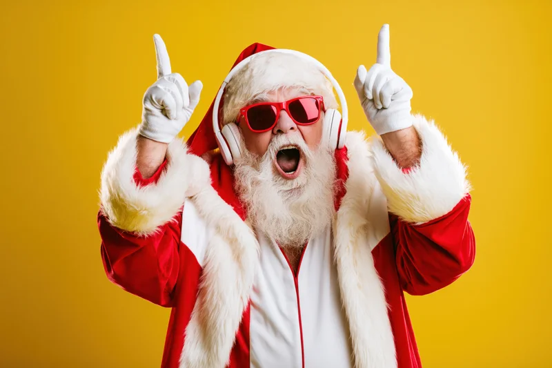 Santa claus in red suit and sunglasses pointing upward with headphones on yellow background