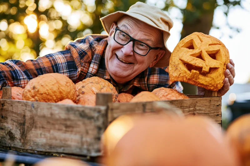 Senior man smiling while holding a carved pumpkin beside a wooden crate filled with pumpkins outdoors