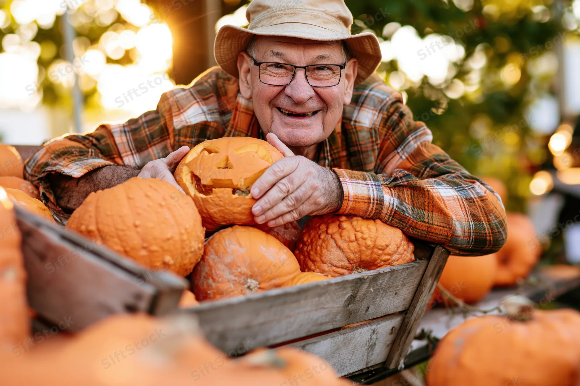 Senior man smiling while holding a carved pumpkin in a wooden crate outdoors